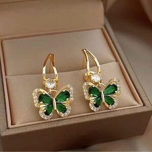 Elegant Butterfly Earrings with Green and Gold Accents.